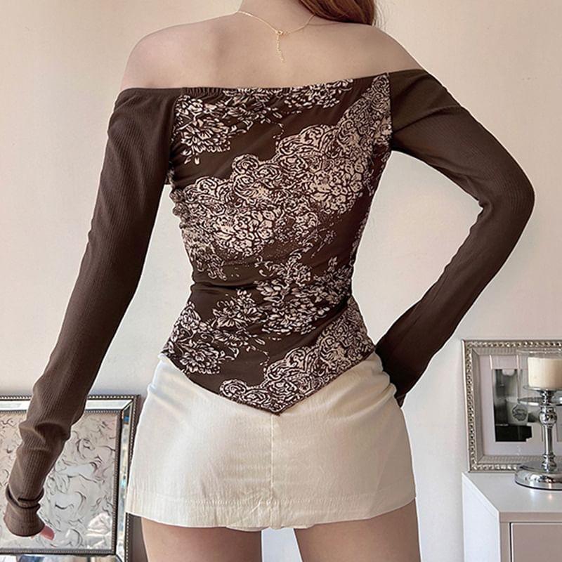 Long-Sleeve Off-Shoulder Floral Print Lace Panel Tie Front Slim Fit Crop Top Product Image