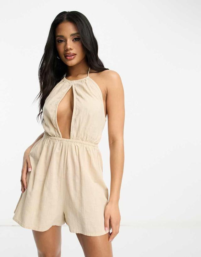 ASOS DESIGN keyhole beach romper in natural Product Image