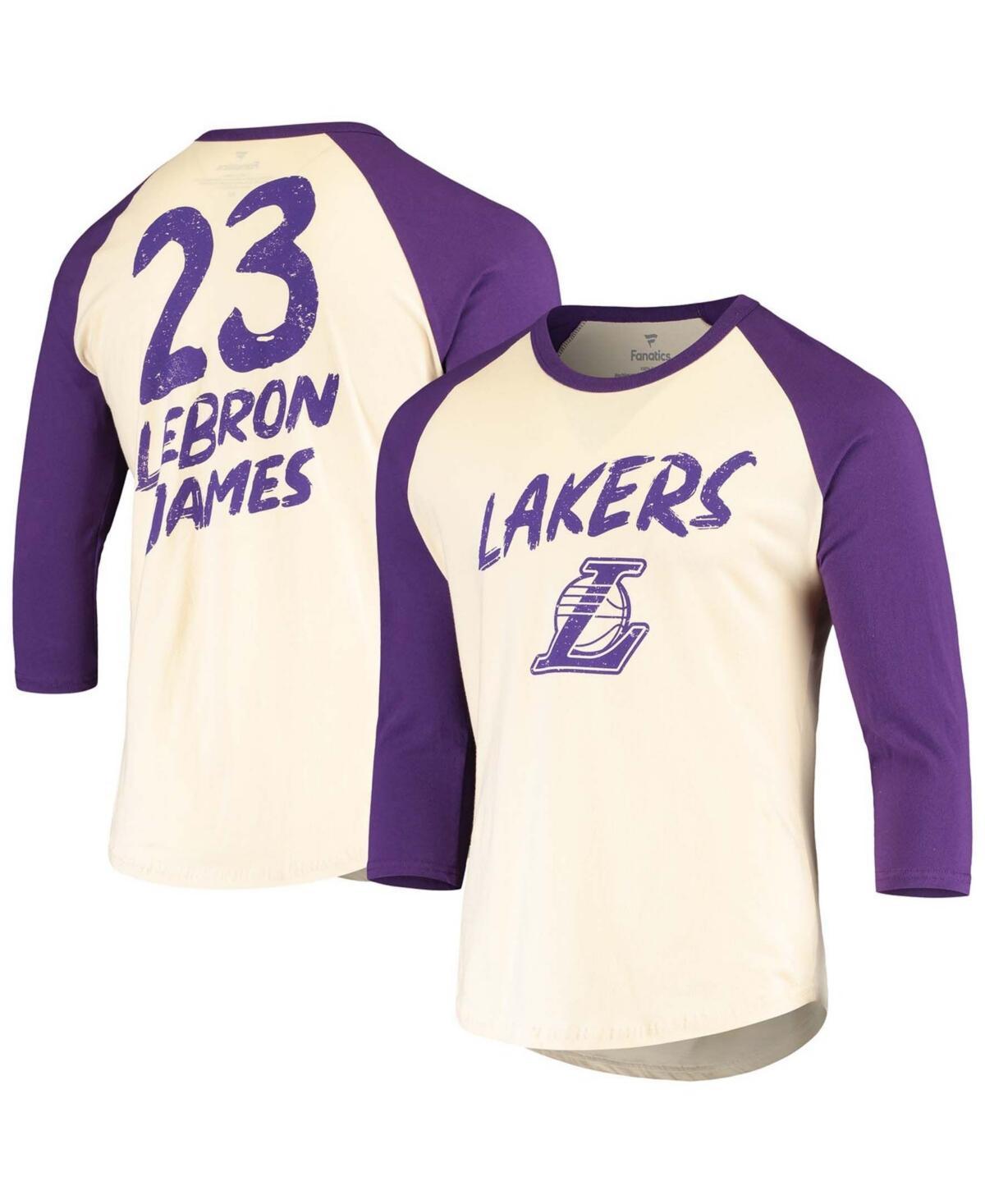 Mens LeBron James Cream and Purple Los Angeles Lakers Raglan 3/4 Sleeve T-shirt - Cream Product Image