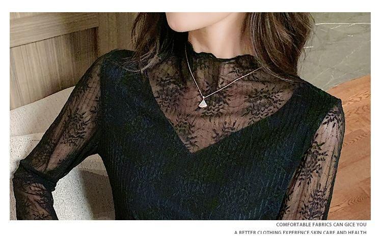 Long Sleeve Mock Neck Floral Lace Panel Top Product Image