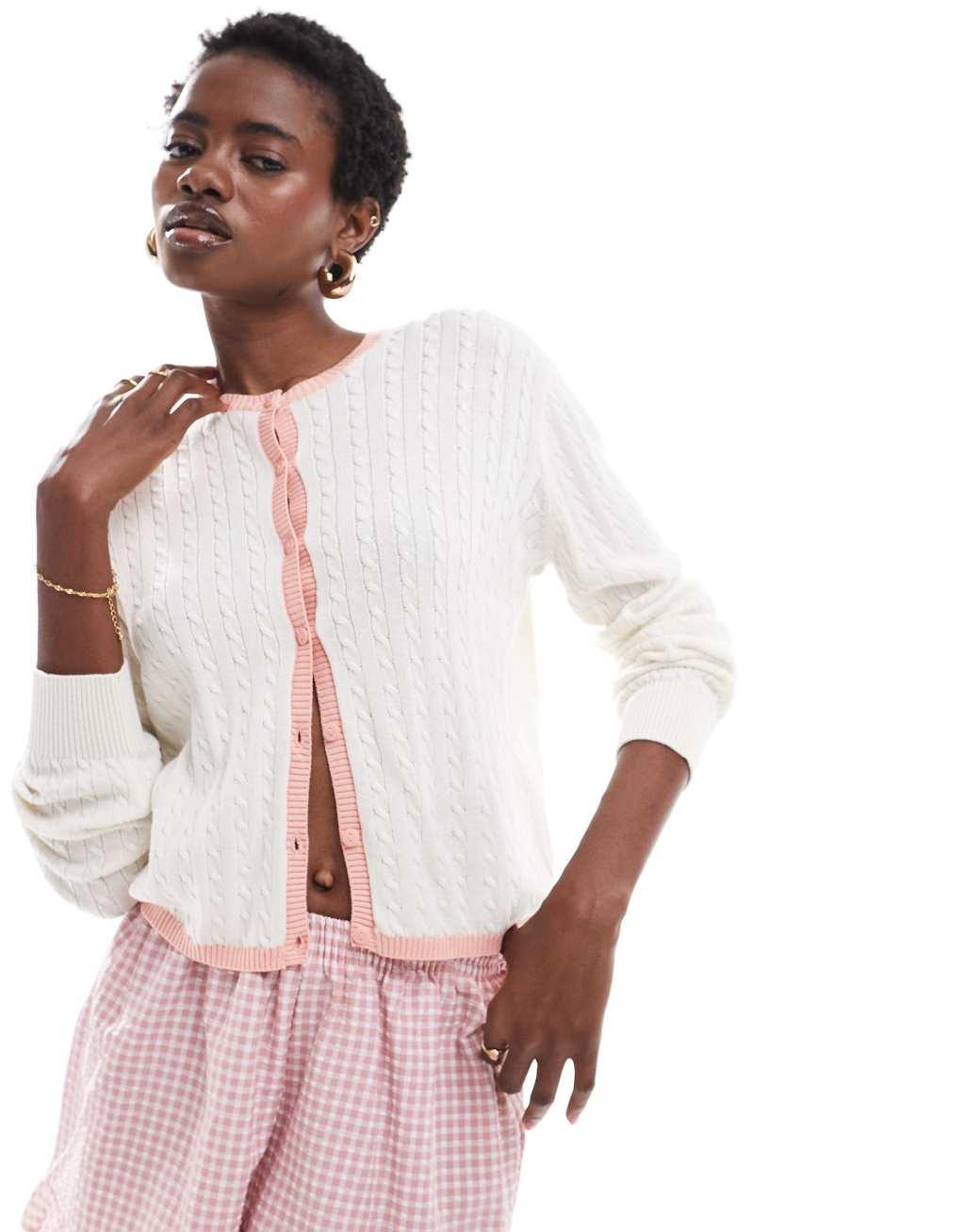 Monki button front cardigan in off white with pink contrast trim Product Image