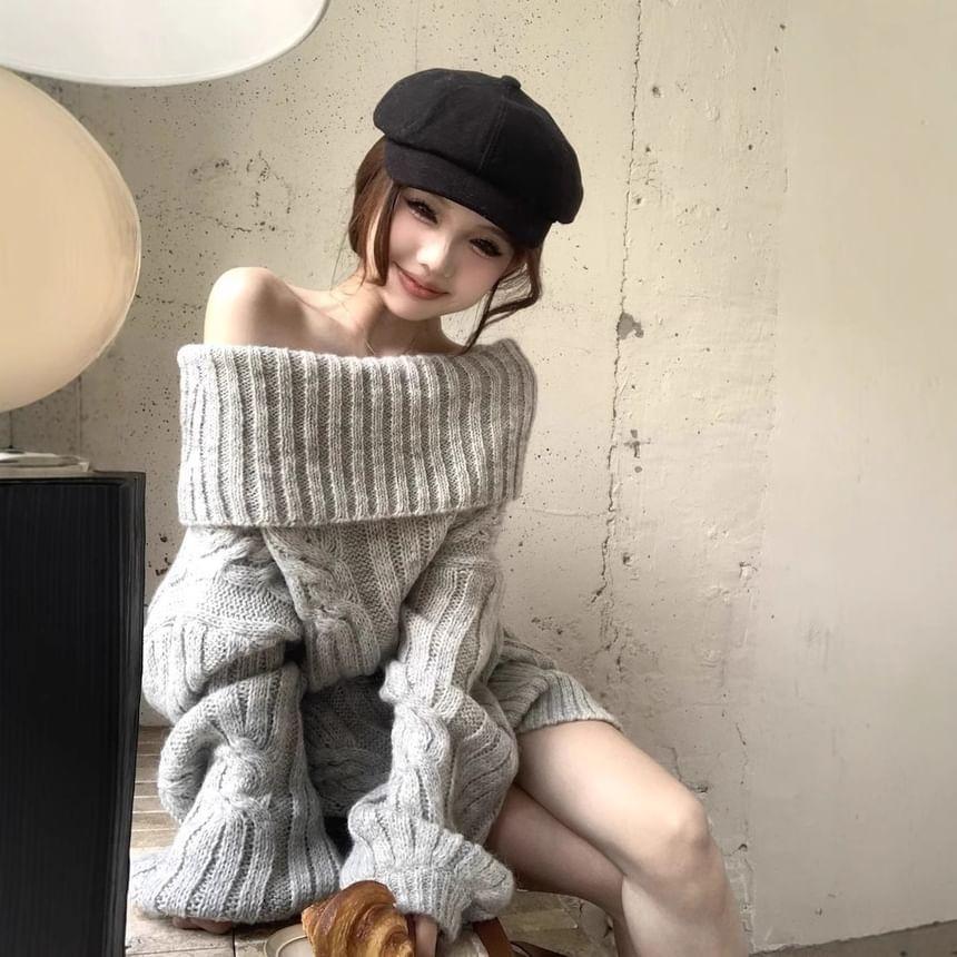 Off-Shoulder Plain Cable-Knit Oversized Sweater Product Image