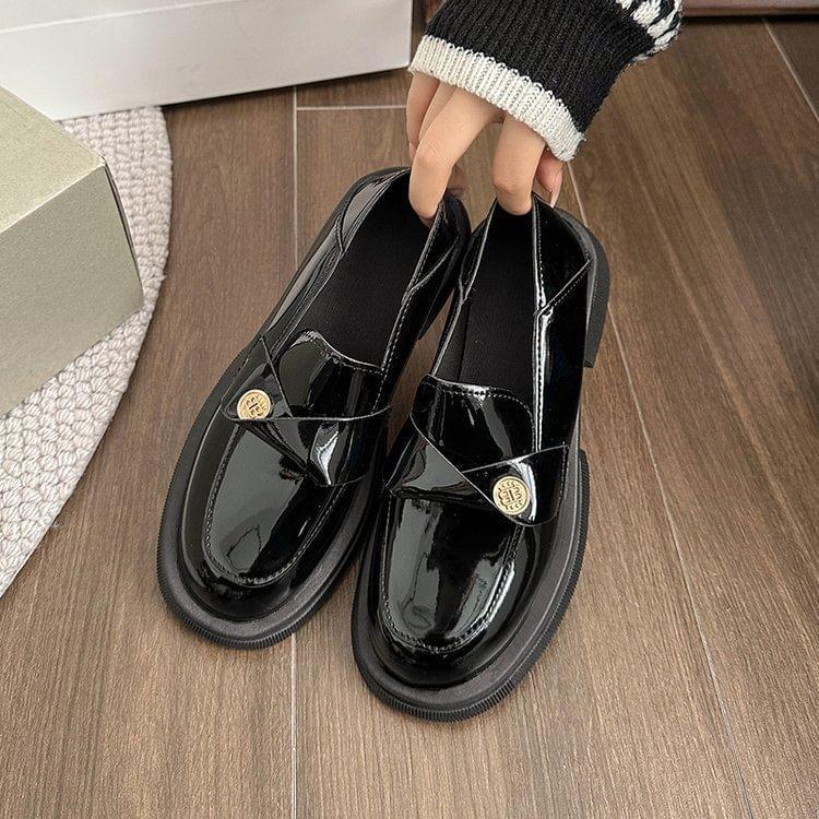 Platform Plain Metal Accent Faux Leather Loafers Product Image