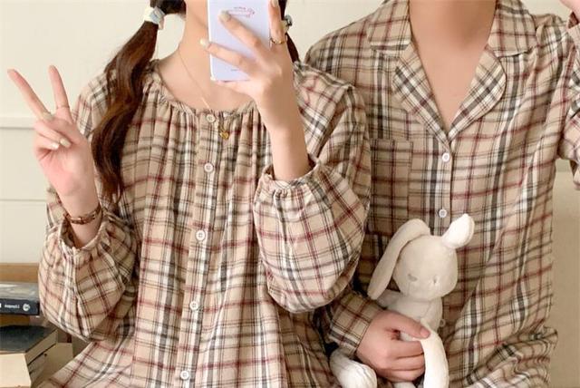 Couple Matching Pajama Set: Long-Sleeve Plaid Button-Up Top + Pants (Various Designs) Product Image