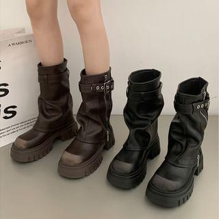 Buckled Platform Chunky Heel Mid-Calf Boots Product Image