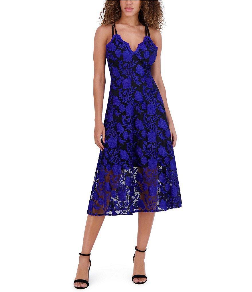 SIENA Embroidered Mesh Floral Pattern V-Neck Sleeveless Double Strap A-Line Dress Product Image