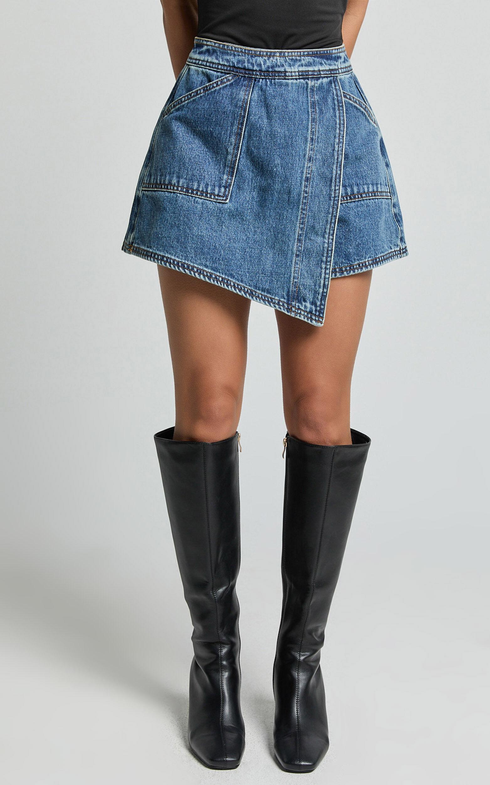 Harleigh Skort - Pocket Detail Wrap Denim Skort in Dark Blue Wash Product Image