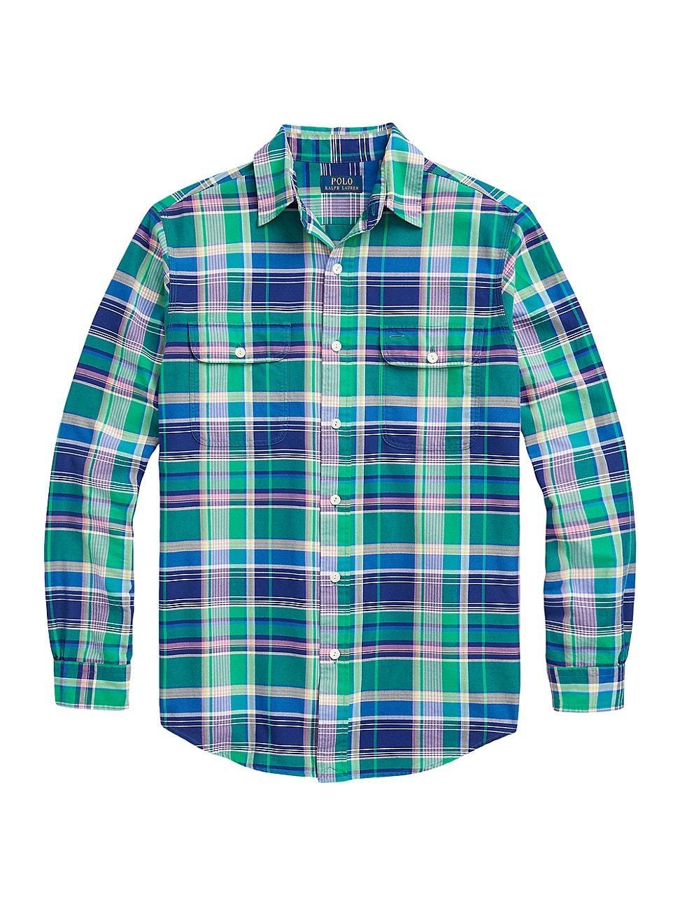 Polo Ralph Lauren Classic Fit Plaid Oxford Long Sleeve Workshirt Navy Multi) Men's Short Sleeve Knit Product Image