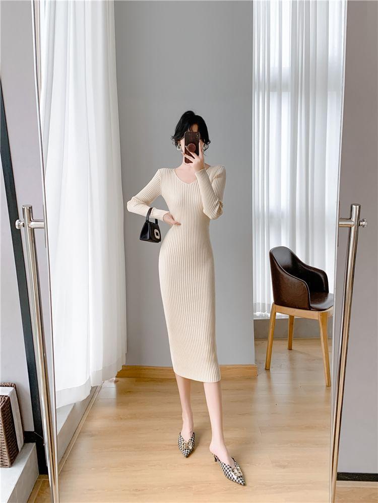 Long-Sleeve V-Neck Plain Ribbed Midi Sheath Knit Dress Product Image