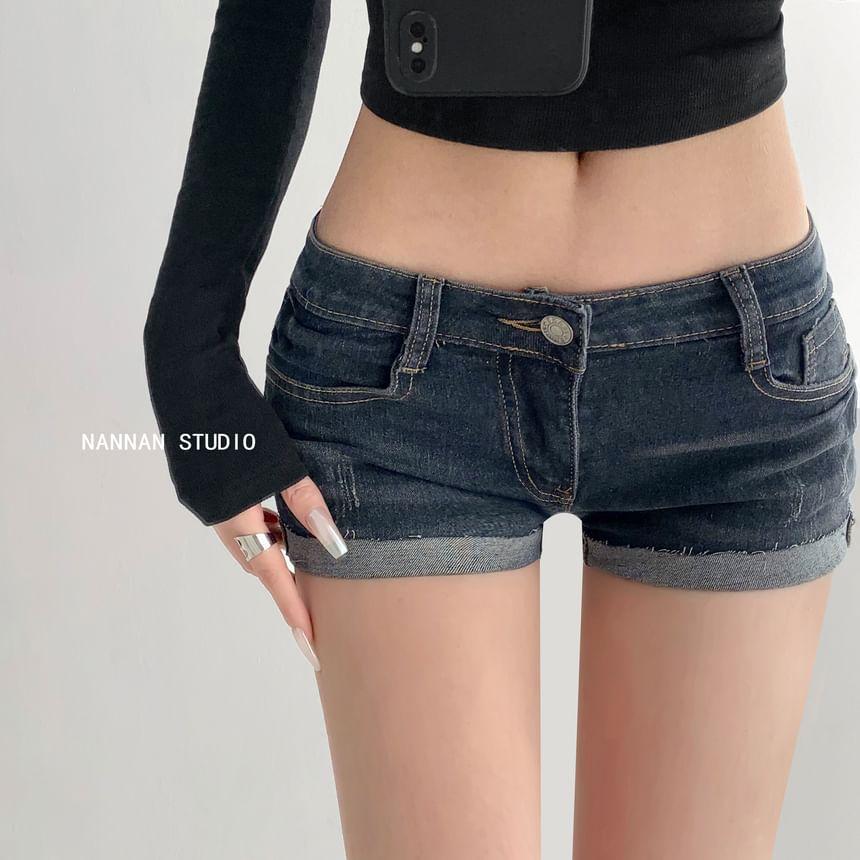 Low Rise Washed Roll Up Hem Denim Shorts Product Image