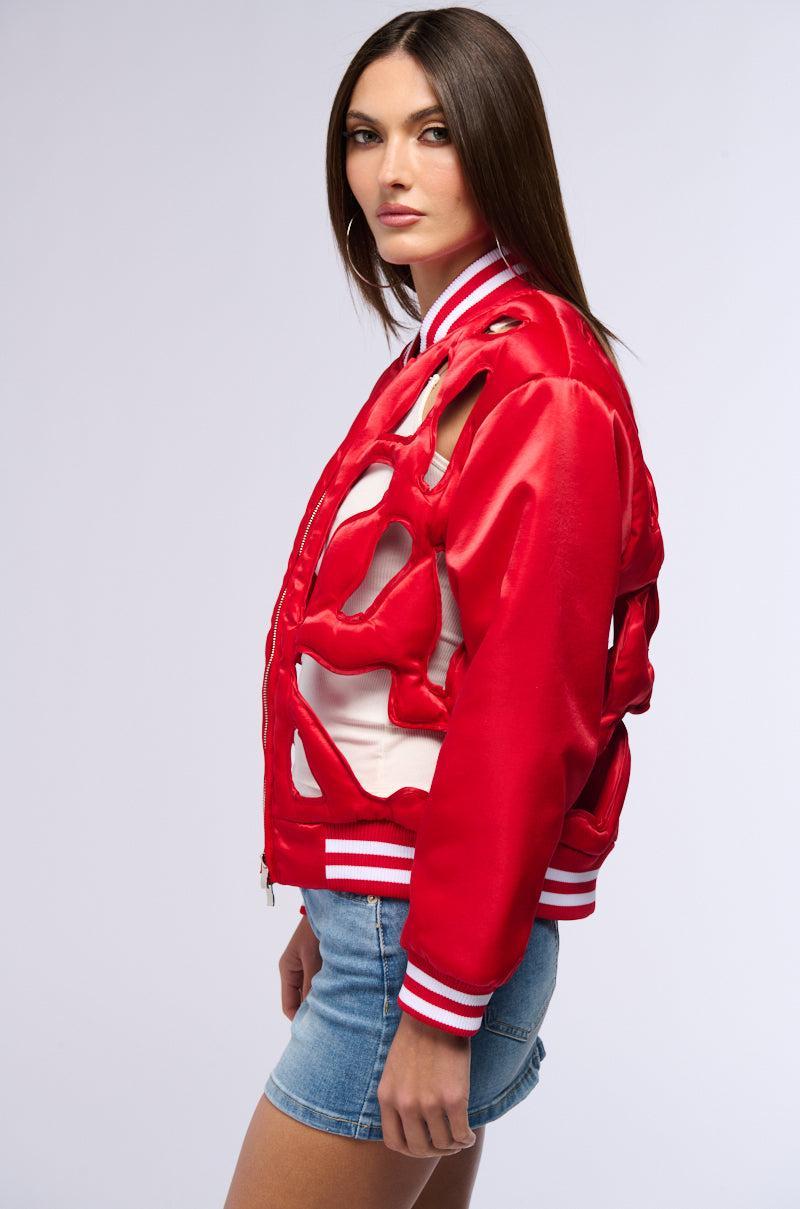 LOOK MY WAY CUT OUT SATIN BOMBER Product Image