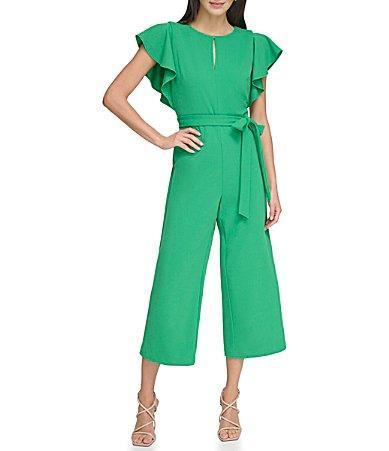 DKNY Stretch Crepe Crew Keyhole Neckline Flutter Cap Sleeve Cropped Leg Jumpsuit Product Image