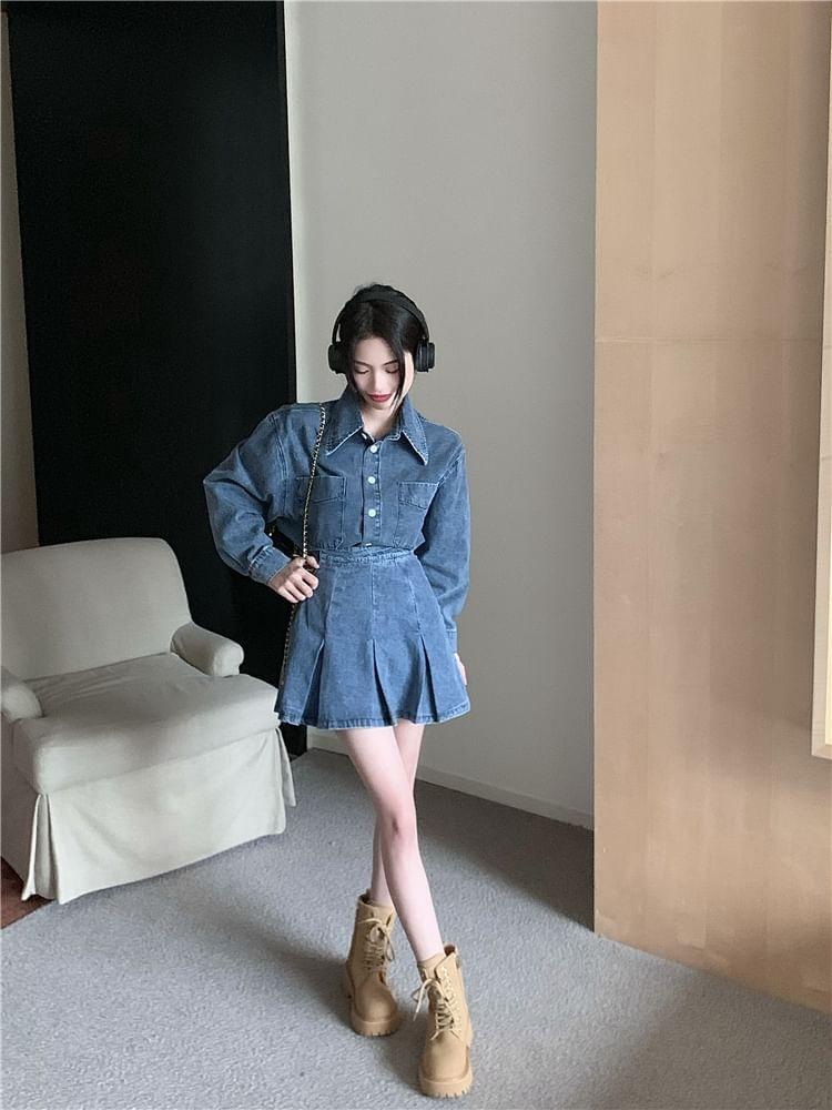 Long Sleeve Collared Washed Denim Shirt / High Waist Pleated Mini A-Line Skirt Product Image