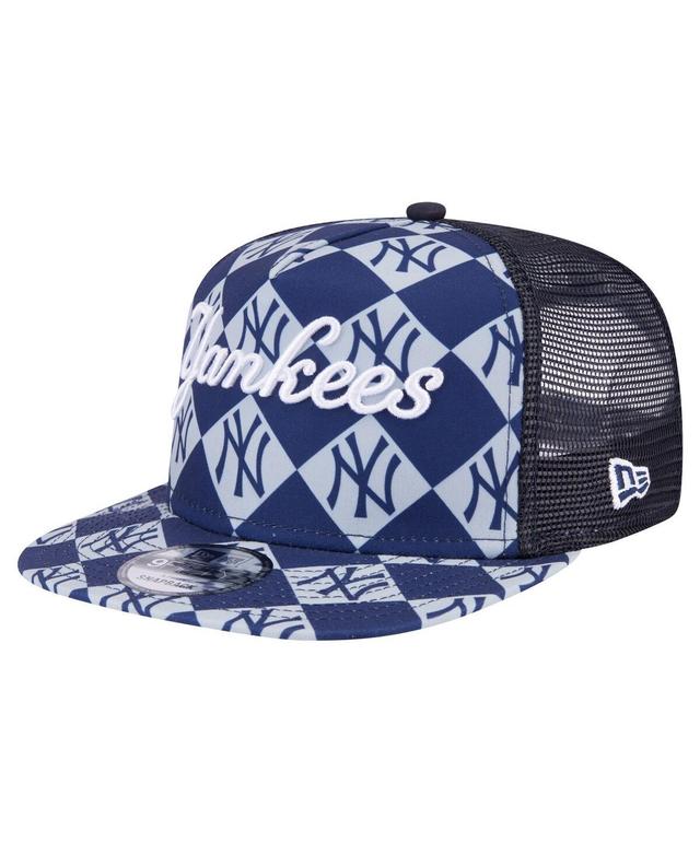 Mens New Era Navy New York Yankees Seeing Diamonds A-Frame Trucker 9FIFTY Snapback Hat, YNK Blue Product Image