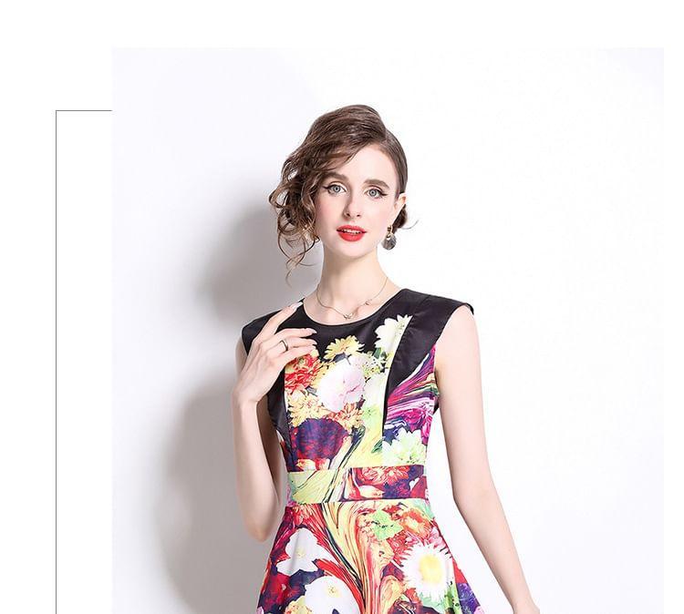 Sleeveless Round Neck Floral Print Midi A-Line Dress Product Image