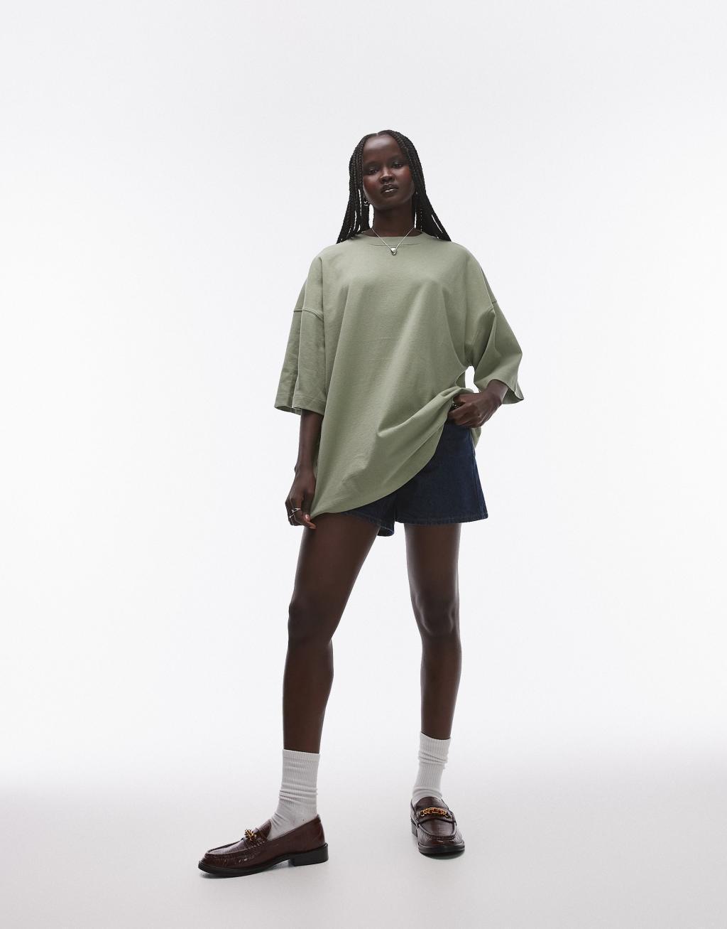 Topshop oversized drop shoulder tee in khaki Product Image