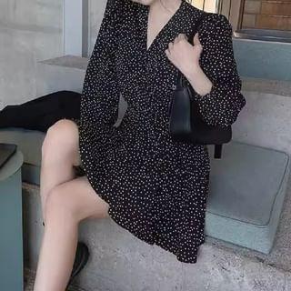 Long-Sleeve V-Neck Dotted Mini A-Line Dress Product Image