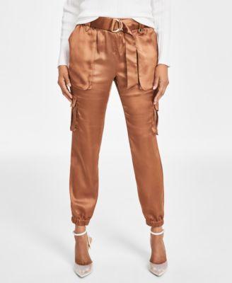 Women's High-Rise Belted Satin Cargo Pants, Regular & Petite, Created for Macy's  Product Image