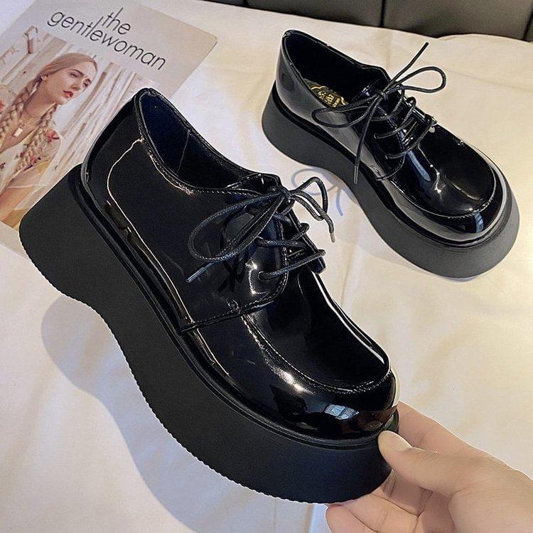 Faux Leather Platform Lace-Up Shoes Product Image