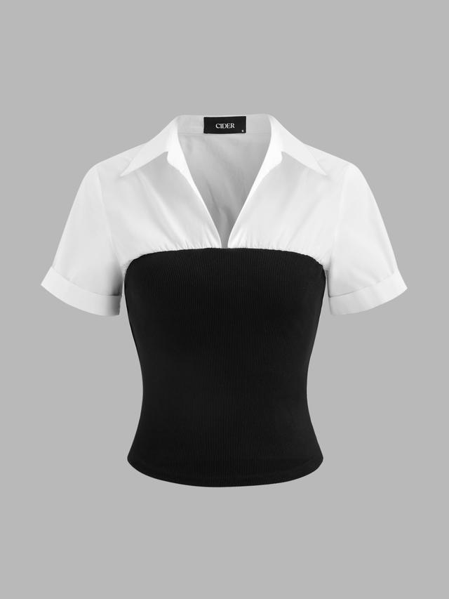 Collar Two Tone Patchy Short Sleeve Shirt Product Image