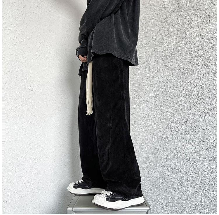 Drawstring Waist Plain Corduroy Straight Leg Pants Product Image