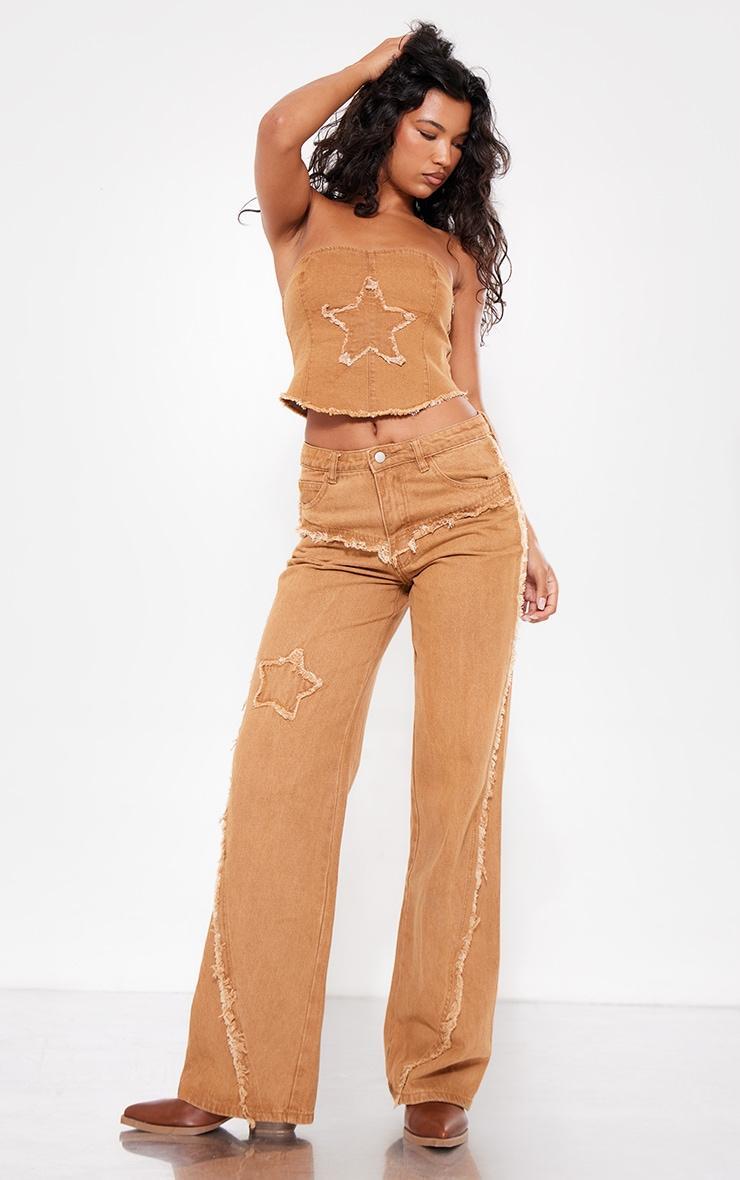 Washed Brown Raw Hem Detail Star Applique Wide Leg Jeans Product Image