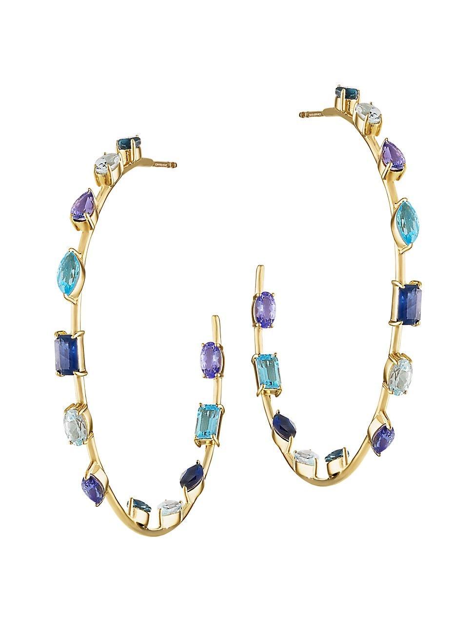 Womens Rock Goddess 14K Yellow Gold & Blue Sapphire Large Hoop Earrings Product Image