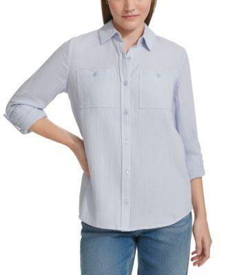 Petite Cotton Button-Front Roll-Sleeve Shirt Product Image