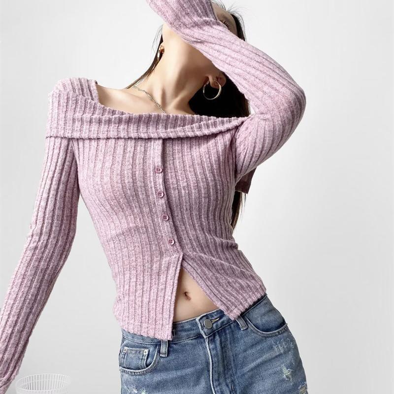 Long-Sleeve Asymmetrical Neck Plain Ribbed Knit Top Product Image