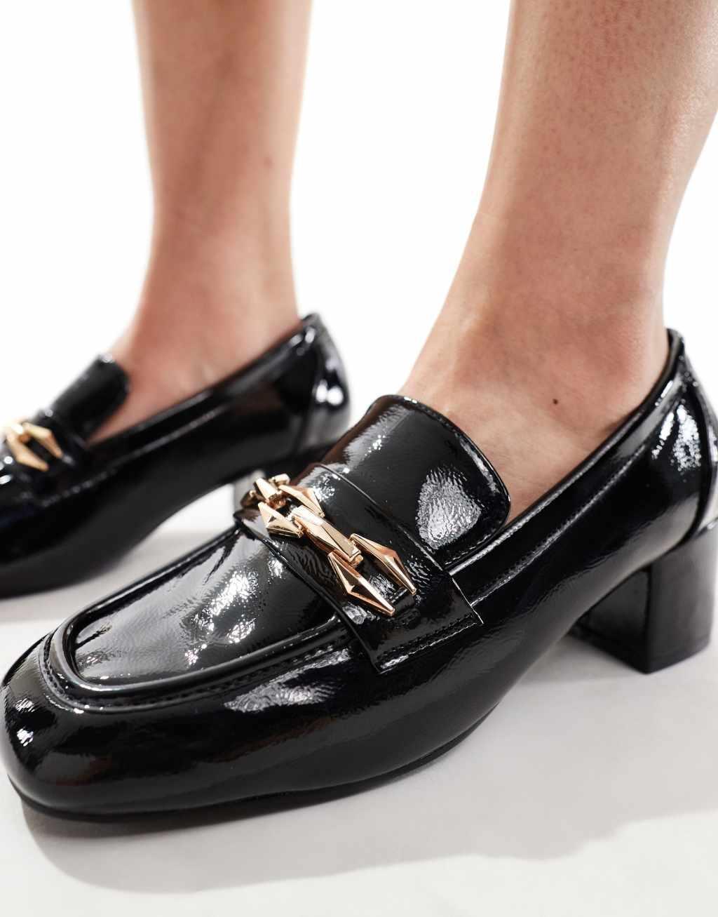 Glamorous Wide Fit heeled loafers in black patent Product Image