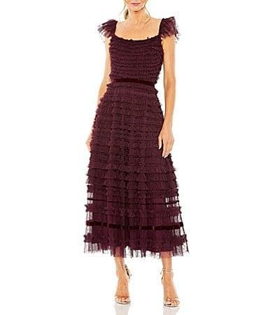 Womens Flutter-Sleeve Tiered Ruffle Gown Product Image