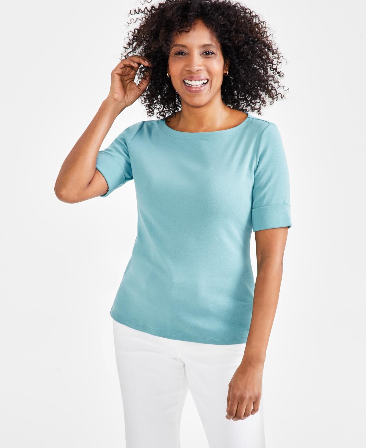 Style & Co Petite Cotton Elbow-Sleeve Boat-Neck Top, Created for Macys Product Image