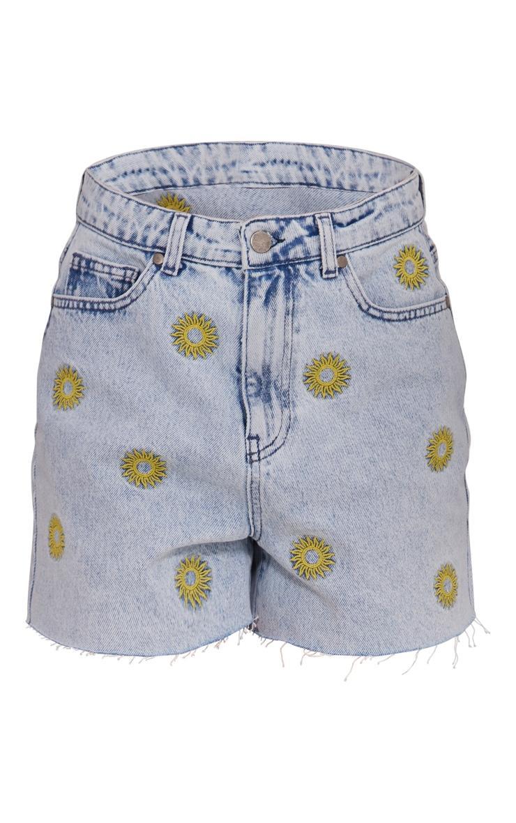 Light Blue Wash Sun Embroidered Denim Mom Shorts Product Image