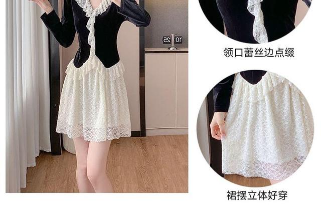 Mock Two-Piece Long-Sleeve V-Neck lace Ruffle Mini A-Line Dress Product Image