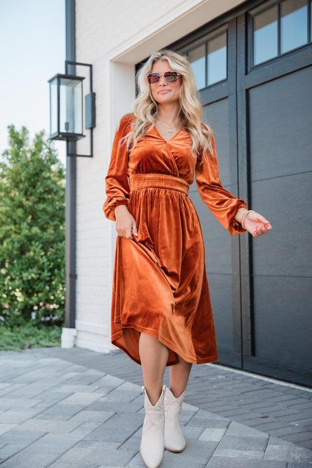 Love Made Me Rust Velvet Surplice Midi Dress Product Image