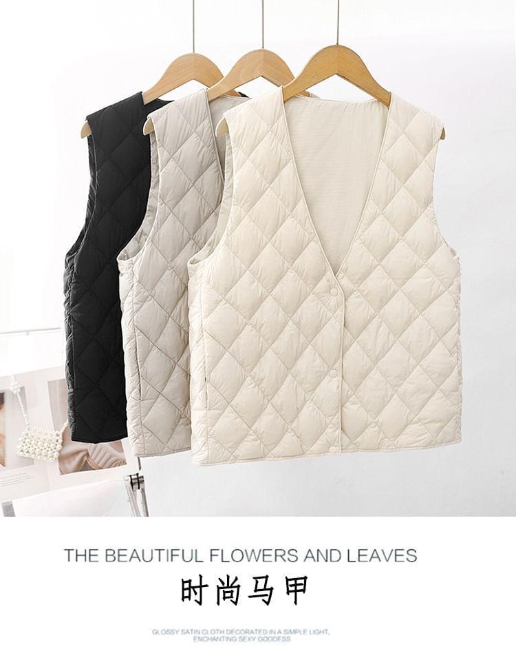 V-Neck Plain Quilted Button Vest Product Image