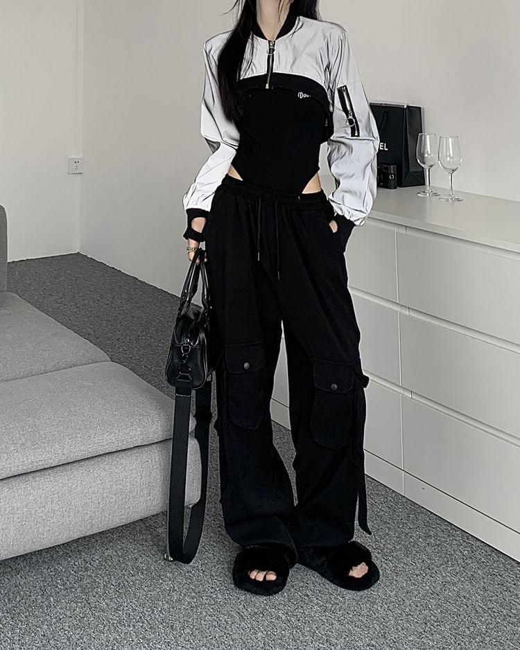 Sleeveless Scoop Neck Lettering Embroidered Bodysuit Top / Drawstring Waist Plain Wide Leg Cargo Pants / Two Tone Panel Crop Zip Jacket Product Image