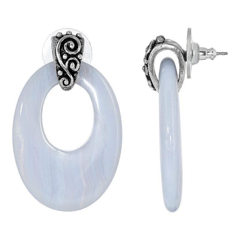 1928 Jewelry Pewter Oval Blue Lace Hoop Earrings Product Image