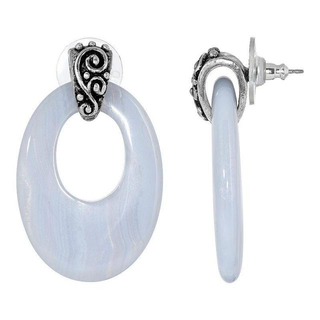 1928 Pewter Stone Oval Doorknocker Drop Earrings, Womens, Blue Product Image