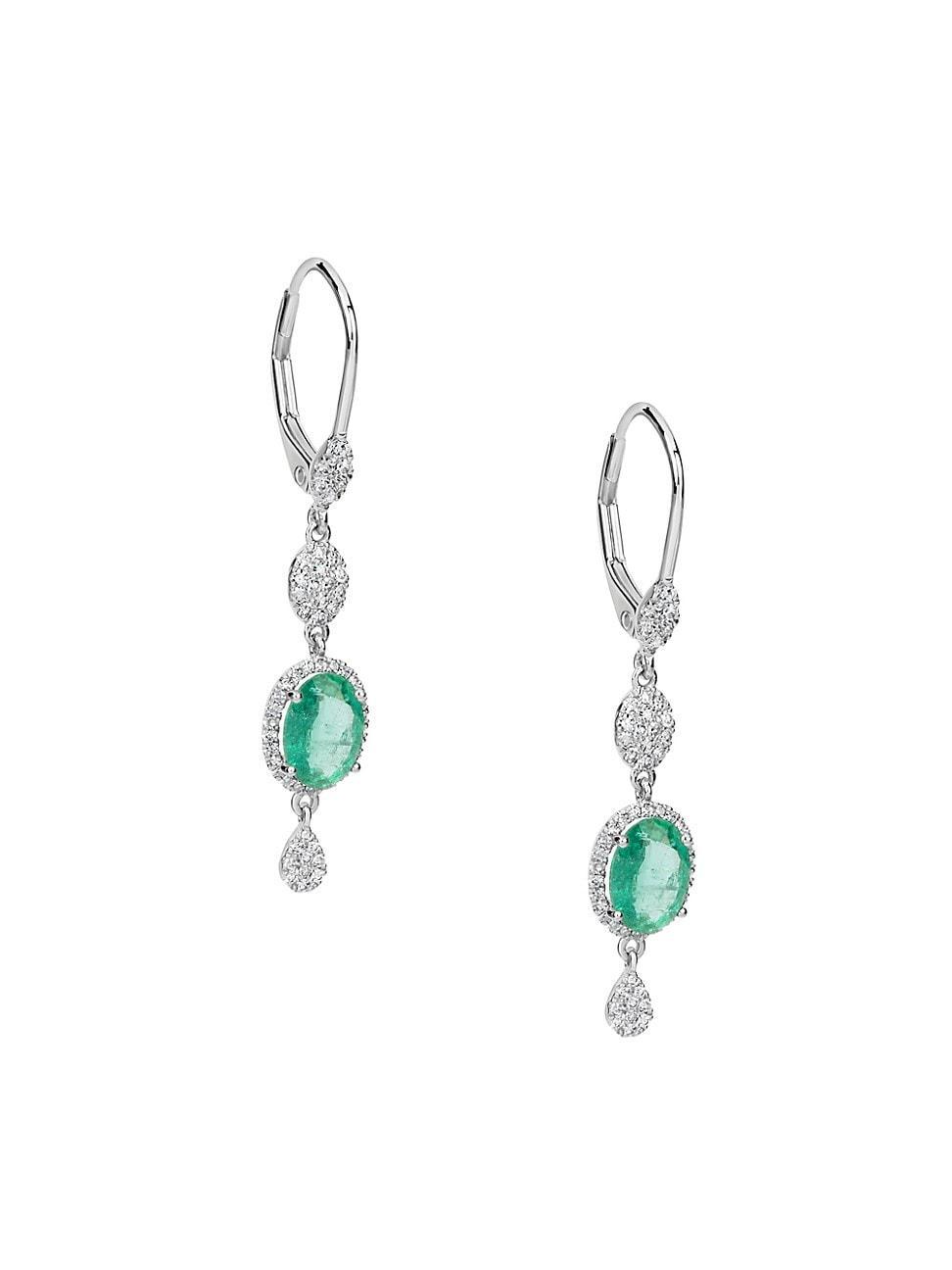 Womens 14K White Gold, Emerald, & Diamond Drop Earrings Product Image