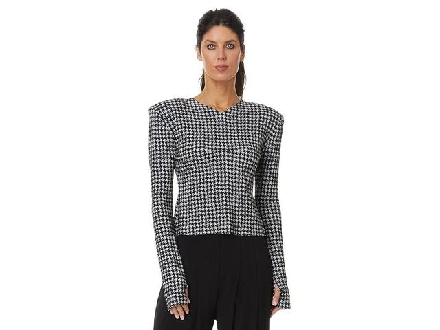 Norma Kamali Long Sleeve Shoulder Pad V-Neck Top (Large Houndstooth) Women's Clothing Product Image