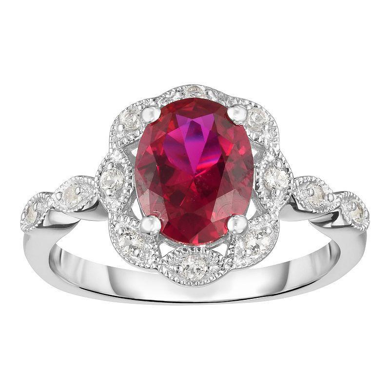 Sterling Silver Lab-Created Gemstone & White Topaz Frame Ring, Womens Created Red Product Image