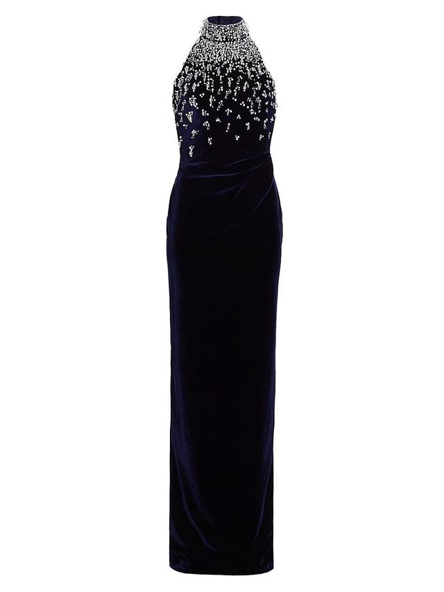 Womens Beaded Velvet Halter Gown Product Image