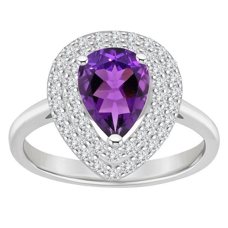 Celebration Gems Sterling Silver Teardrop Amethyst & White Topaz Double Halo Ring, Womens Product Image