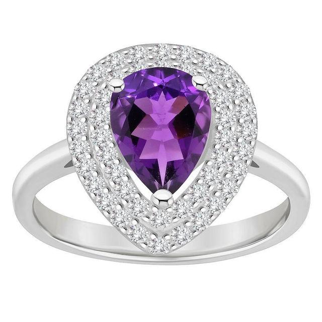 Celebration Gems Sterling Silver Teardrop Amethyst & White Topaz Double Halo Ring, Womens Product Image