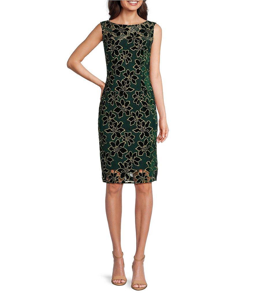 Adrianna Papell Petite Size Floral Metallic Lace Boat Neck Sleeveless Sheath Dress Product Image