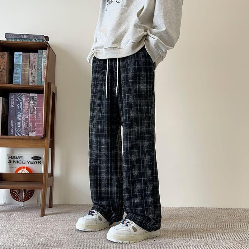 High Waist Plaid Wide Leg Pants Product Image