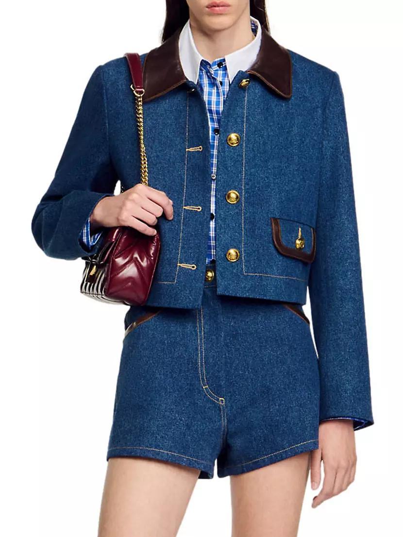 Denim Jacket with Leather Collar Product Image