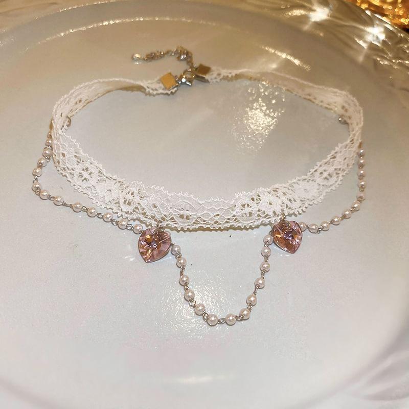 Rhinestone Layered Faux Pearl Bracelet / Heart Faux Crystal Layered Faux Pearl Lace Choker Product Image