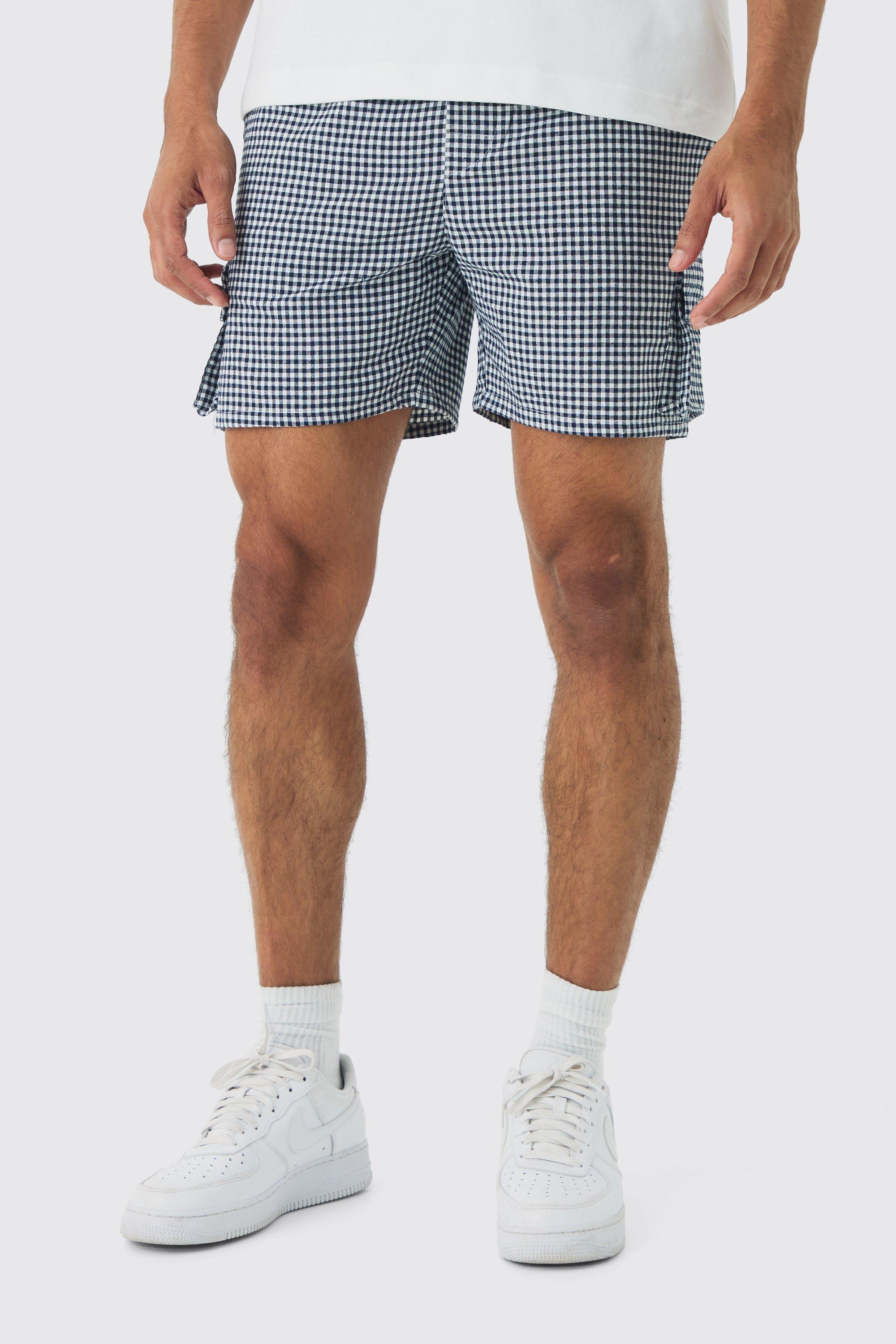 Elasticated Waist Gingham Check Linen Look Short In Black | boohooMAN USA Product Image